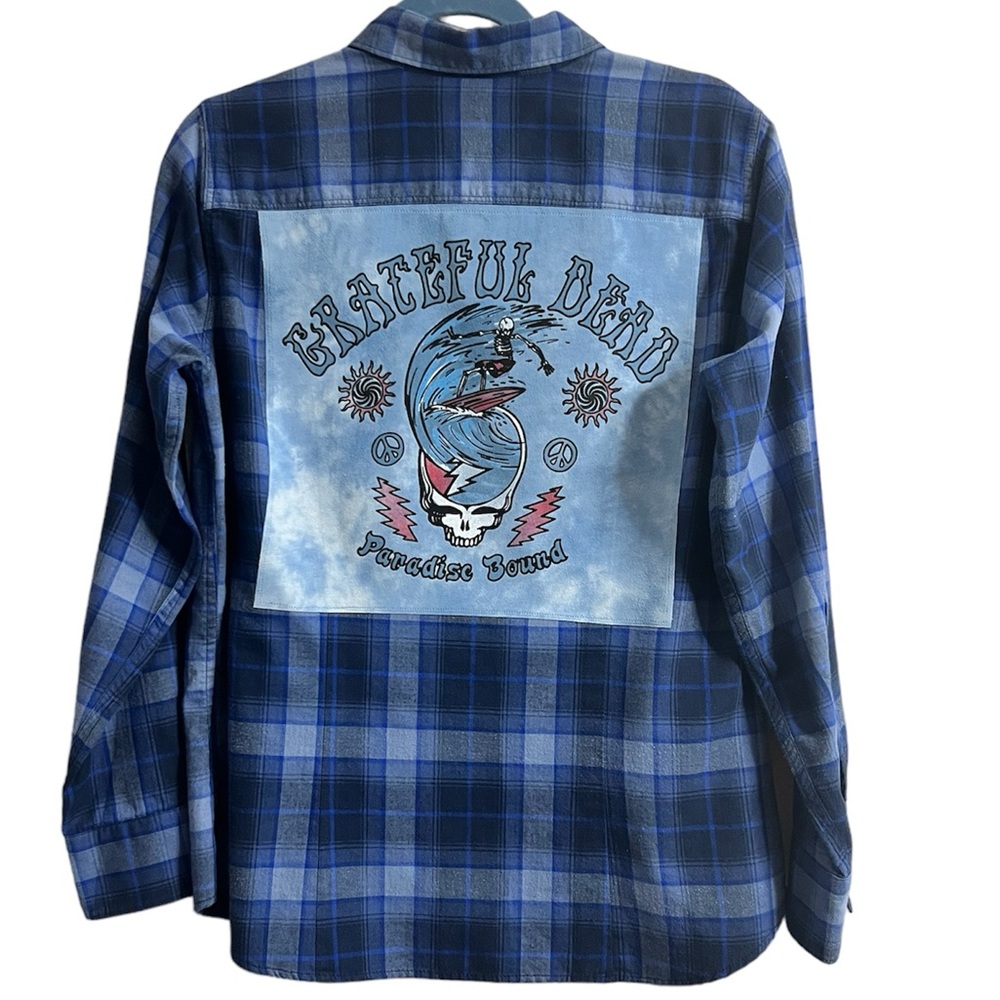Grateful Dead Upcycled Eddie Bauer Blue Plaid Flannel Button Down Top